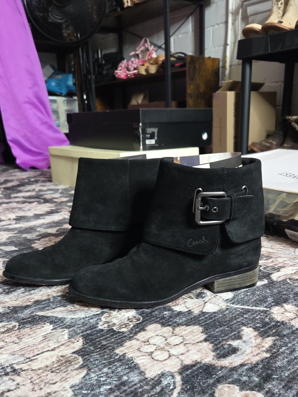 Coach Black Suede Ankle Booties with Buckle Detail